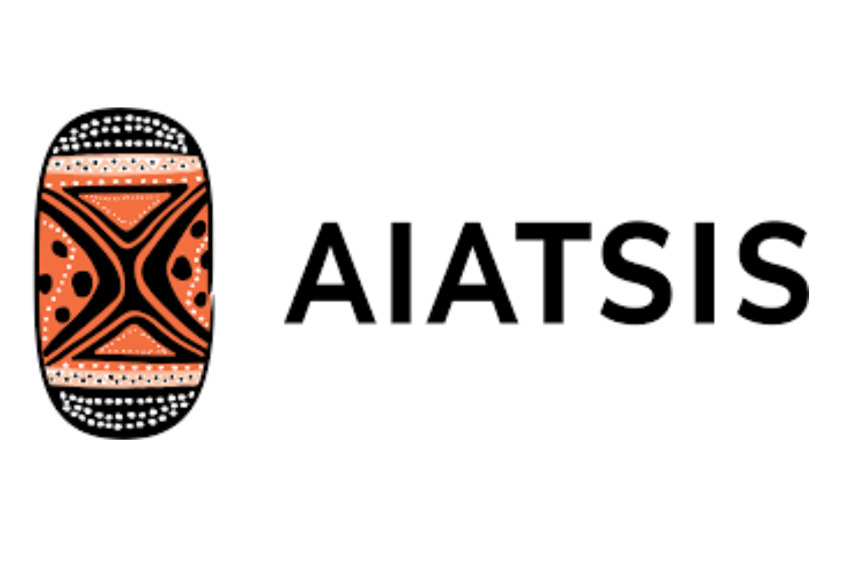 AIATSIS logo, featuring an oval Indigenous design in orange, black and white dots beside the acronym "AIATSIS" in bold black text.